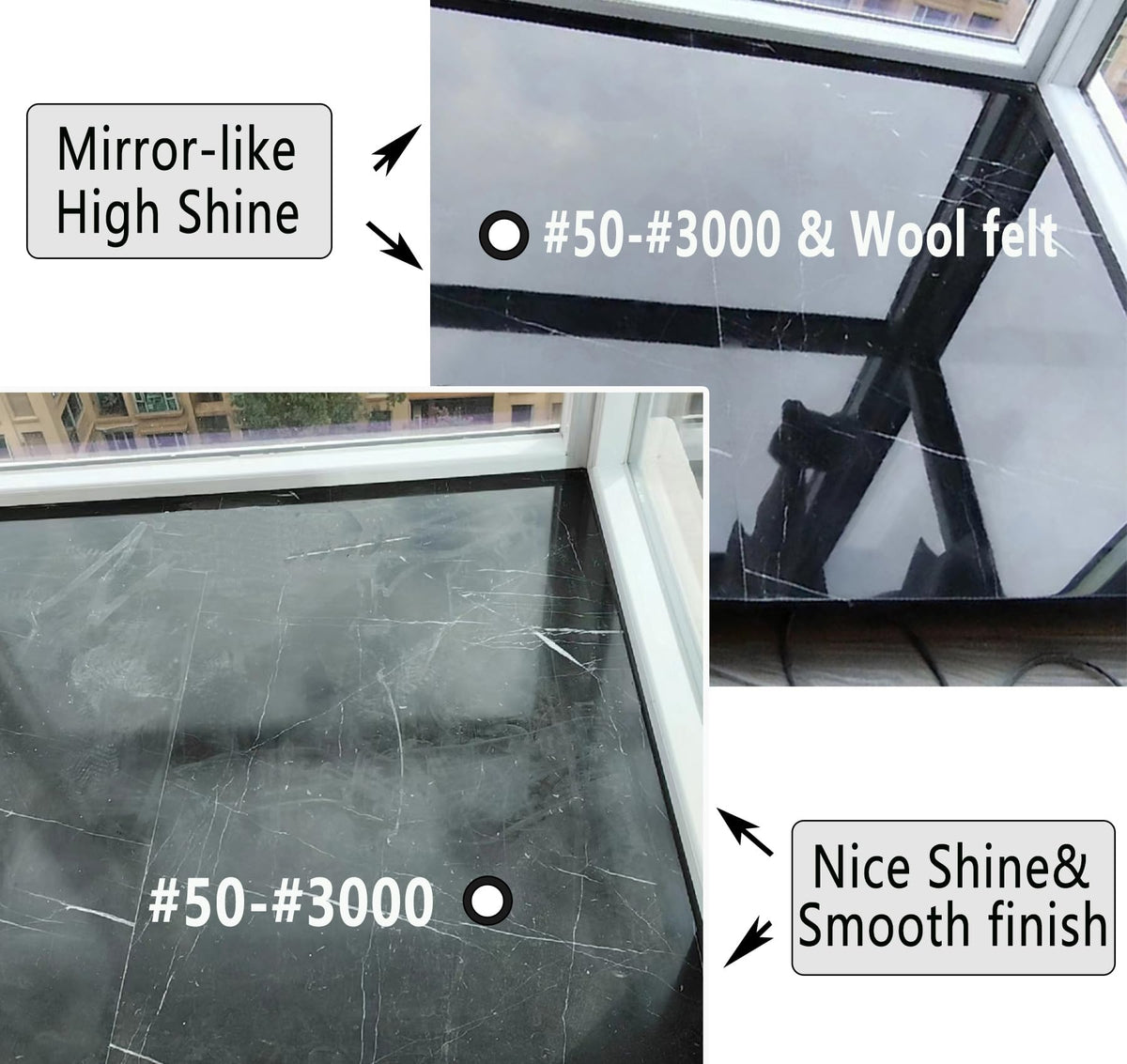 ANTENGDATOOL polishing kit used on granite countertop showing controlled polishing result