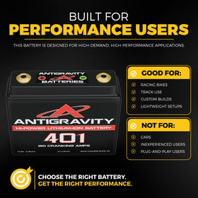 Antigravity AG-401 beside a standard battery to show weight savings and handling benefit