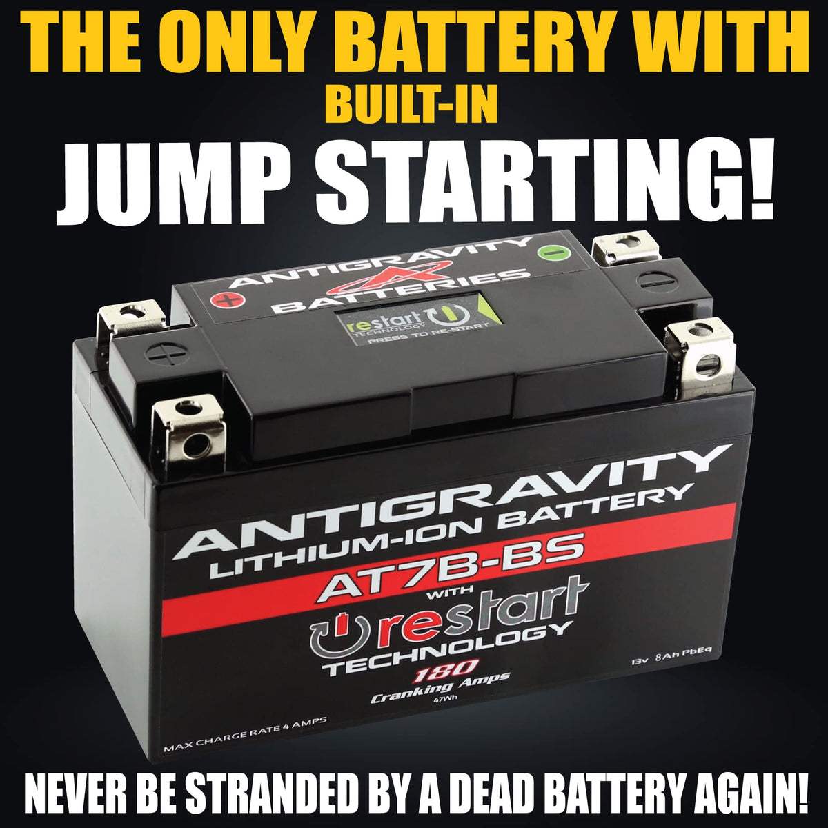 Antigravity AT7B RE-START button closeup illustrating built-in jump-start convenience