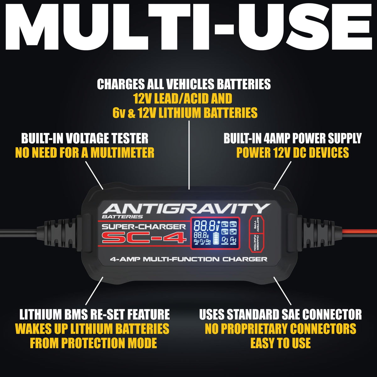 Antigravity clamps connected to a battery demonstrating safe charging and maintenance