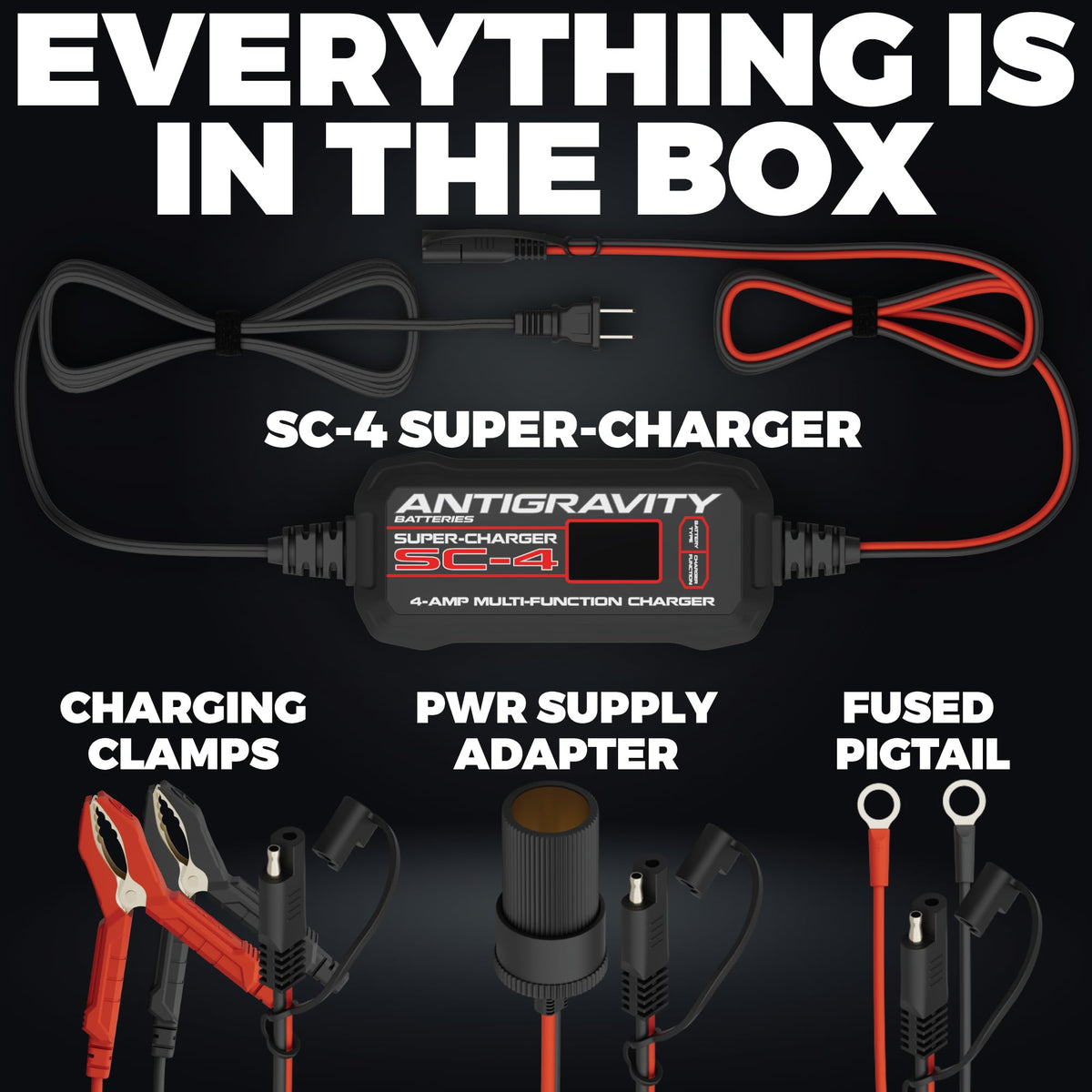 Antigravity connection accessories laid out including clamps and SAE pigtail for flexible hookups