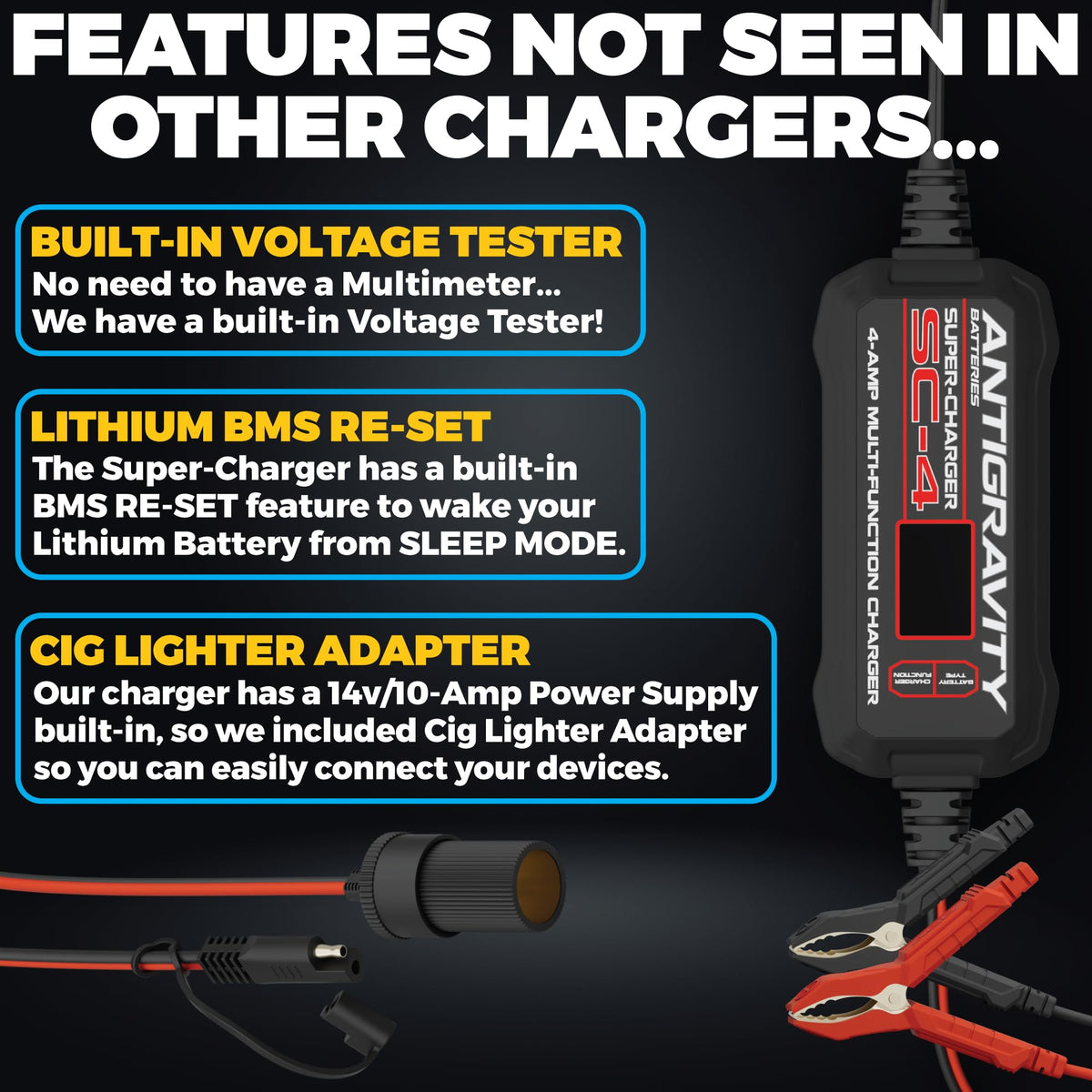 Antigravity charger on a workbench in a garage showing professional workshop use
