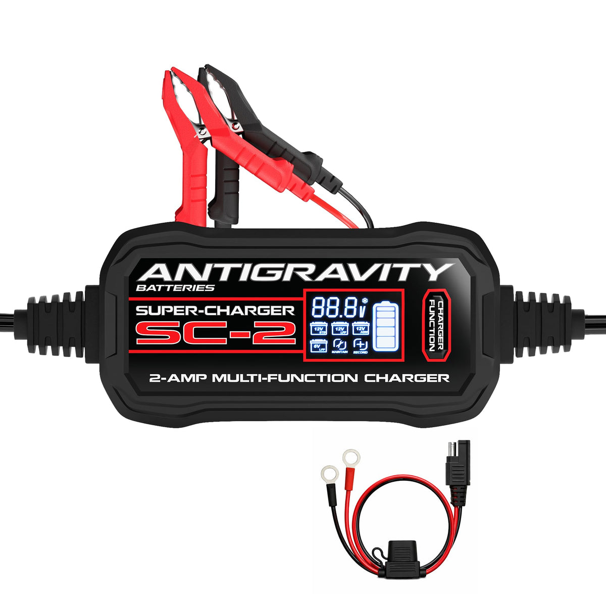 Antigravity Super-Charger front view showing compact charger and connectors for easy storage