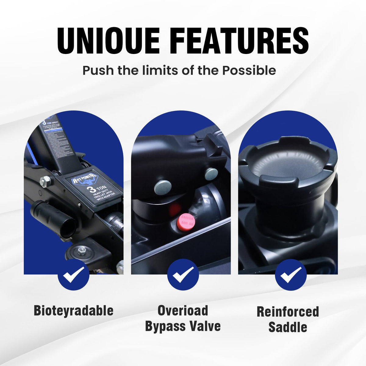 ANTPOWER detail of hydraulic pump and two-piece handle for fast, efficient lifting