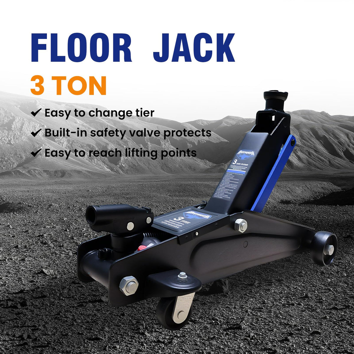 ANTPOWER floor jack beside measuring tape showing minimum and maximum lift range