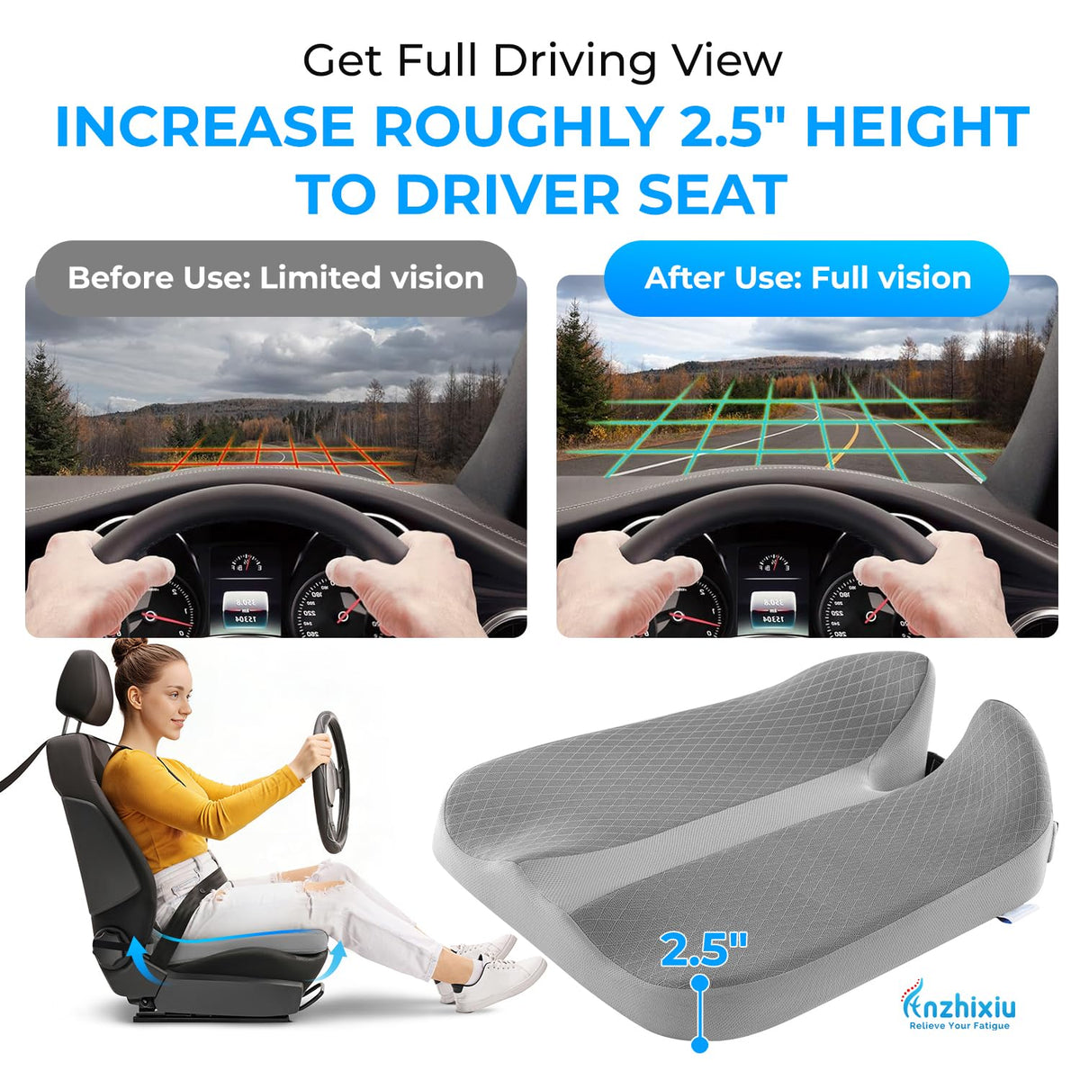 anzhixiu cushion installed in car with driver demonstrating improved sightlines