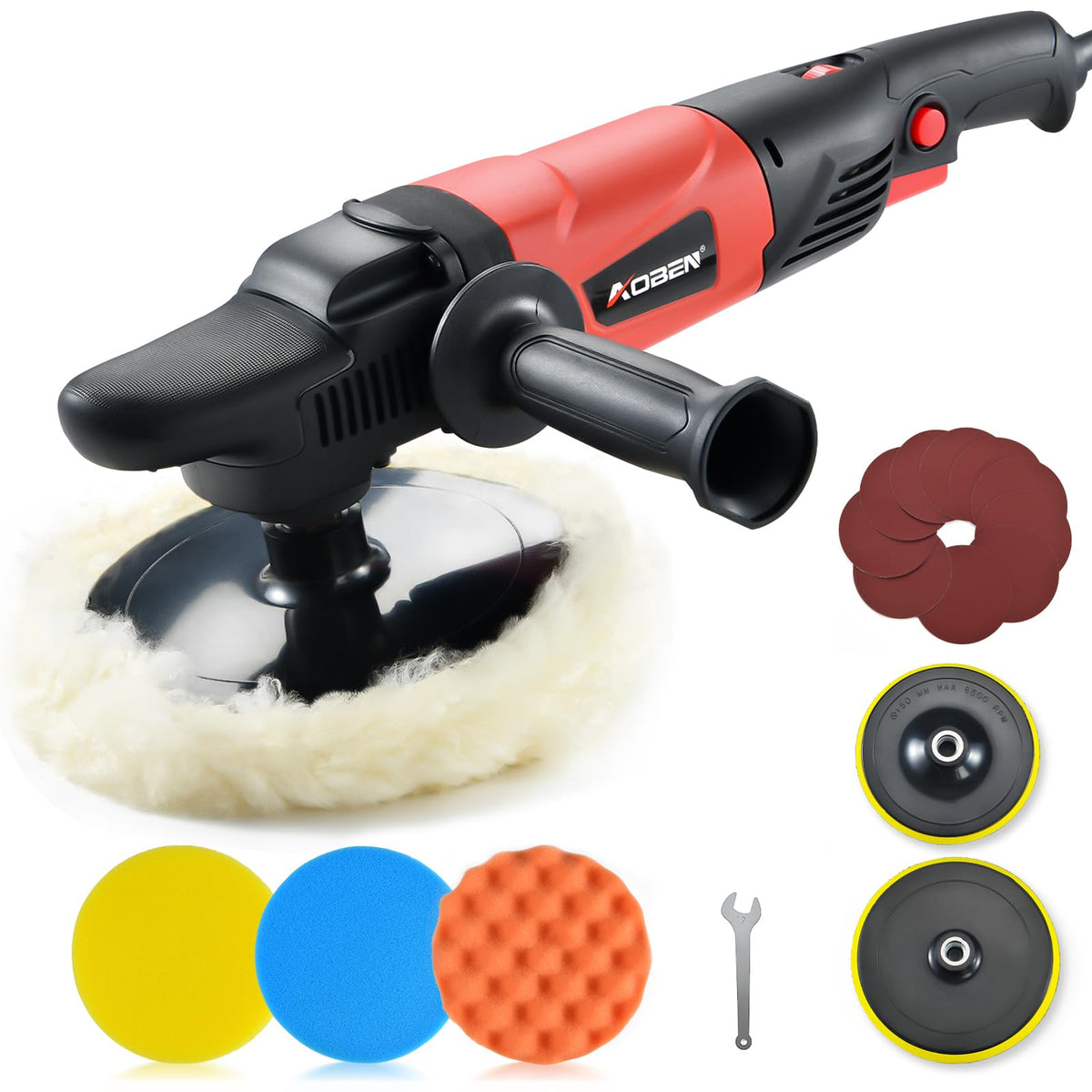 AOBEN polisher front view showing compact body and large backing plate for efficient polishing