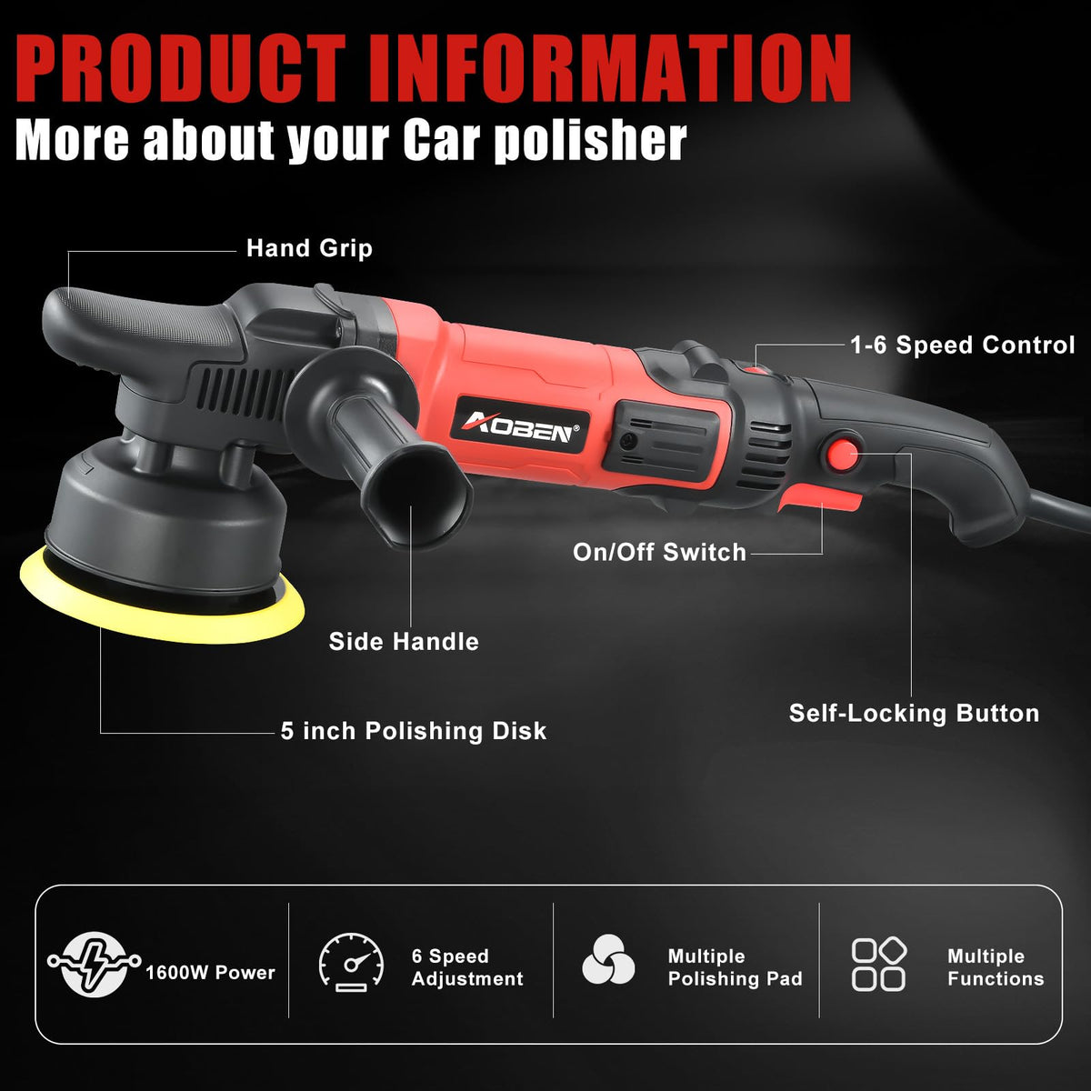 AOBEN polisher adjustable side handle detail for comfortable grip