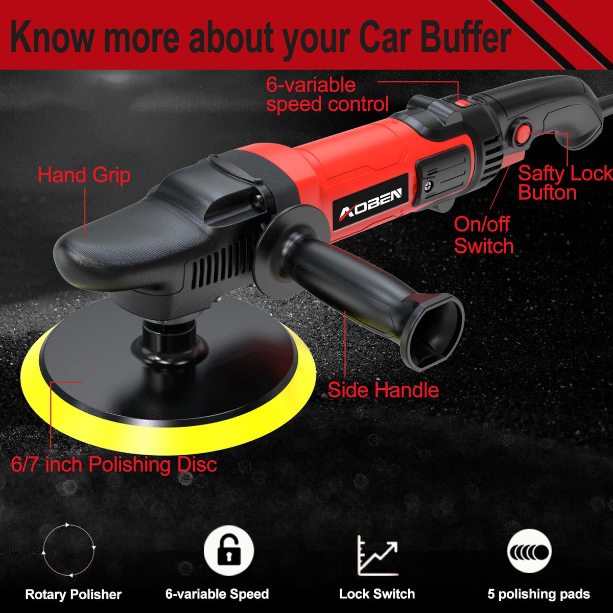 AOBEN polisher with detachable side handle for improved grip and safer control