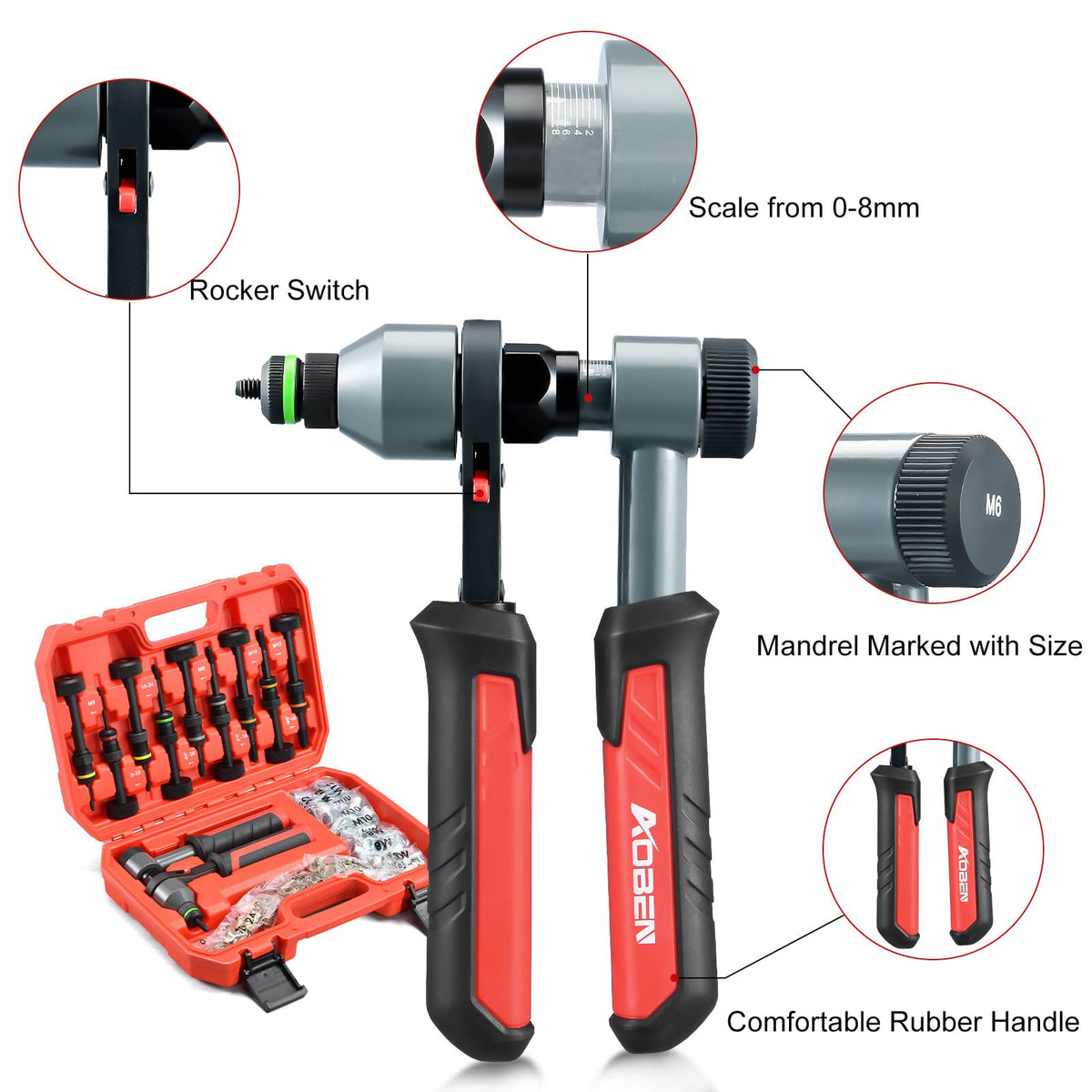 AOBEN rivet nut tool close-up of head and ratchet mechanism for reduced effort