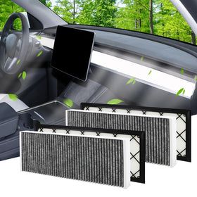Aojezoor front view of 4-pack filters showing packaging and fit for Tesla Model Y benefits easy maintenance