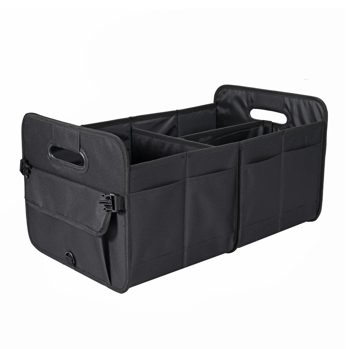 AOKJOY front view of trunk organizer showing compartments and durable build, keeps items tidy