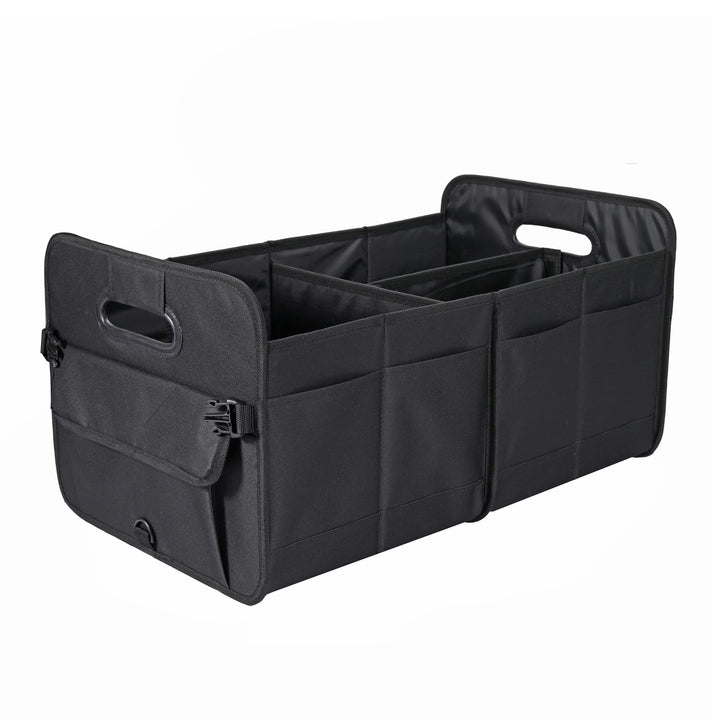 AOKJOY front view of trunk organizer showing compartments and durable build, keeps items tidy