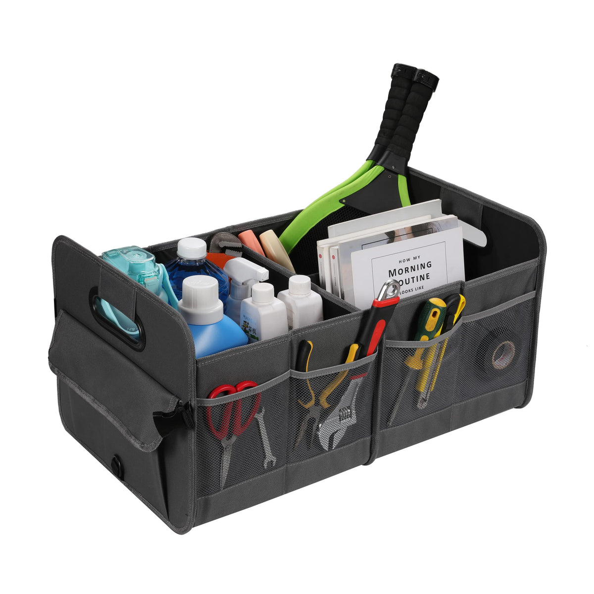 AOKJOY trunk organizer next to a backpack for scale showing compact but capacious design
