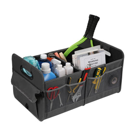 AOKJOY trunk organizer next to a backpack for scale showing compact but capacious design