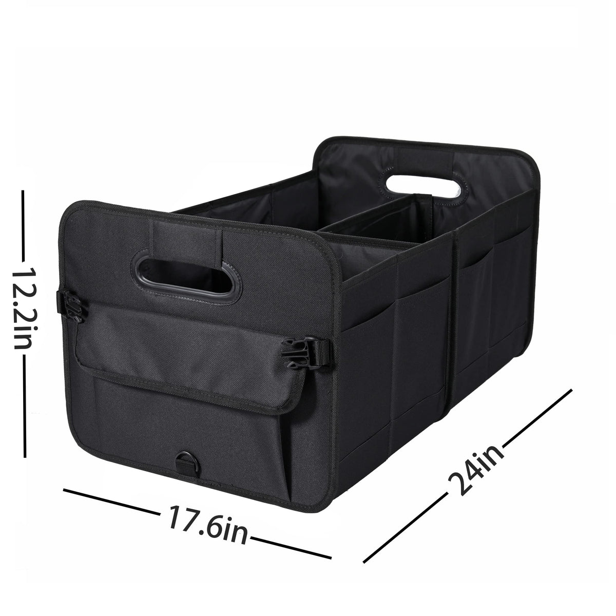 AOKJOY trunk organizer beside a water bottle showing scale and roomy internal capacity
