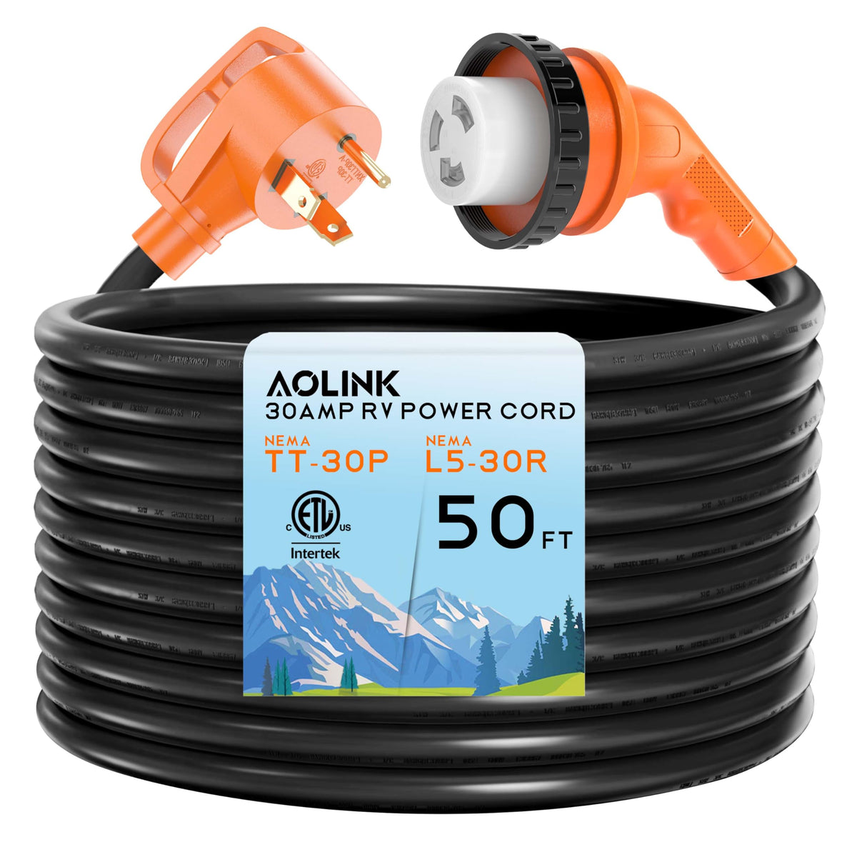 AOLINK front view of 50ft RV power cord showing plugs and length benefit