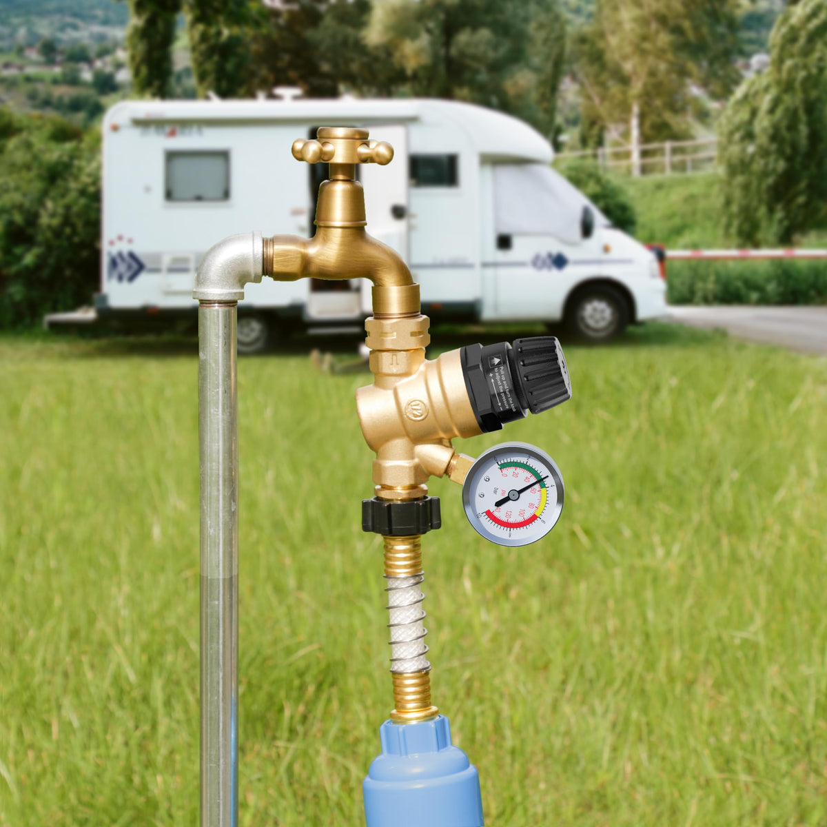 AOLINK lifestyle image at campsite showing protected water hookup and peace of mind