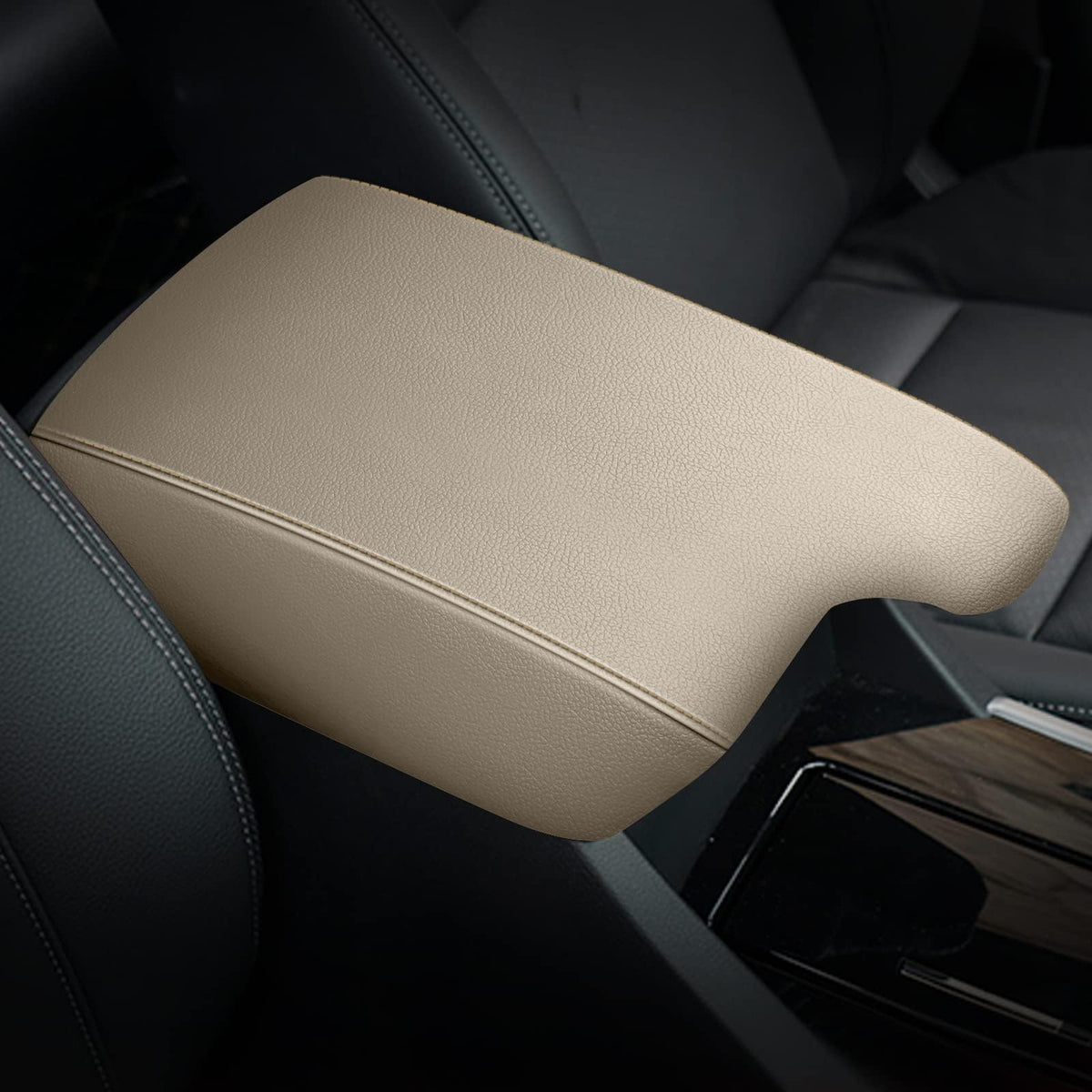 AOMSAZTO front view of beige armrest cover showing fit and finish, protects stock armrest