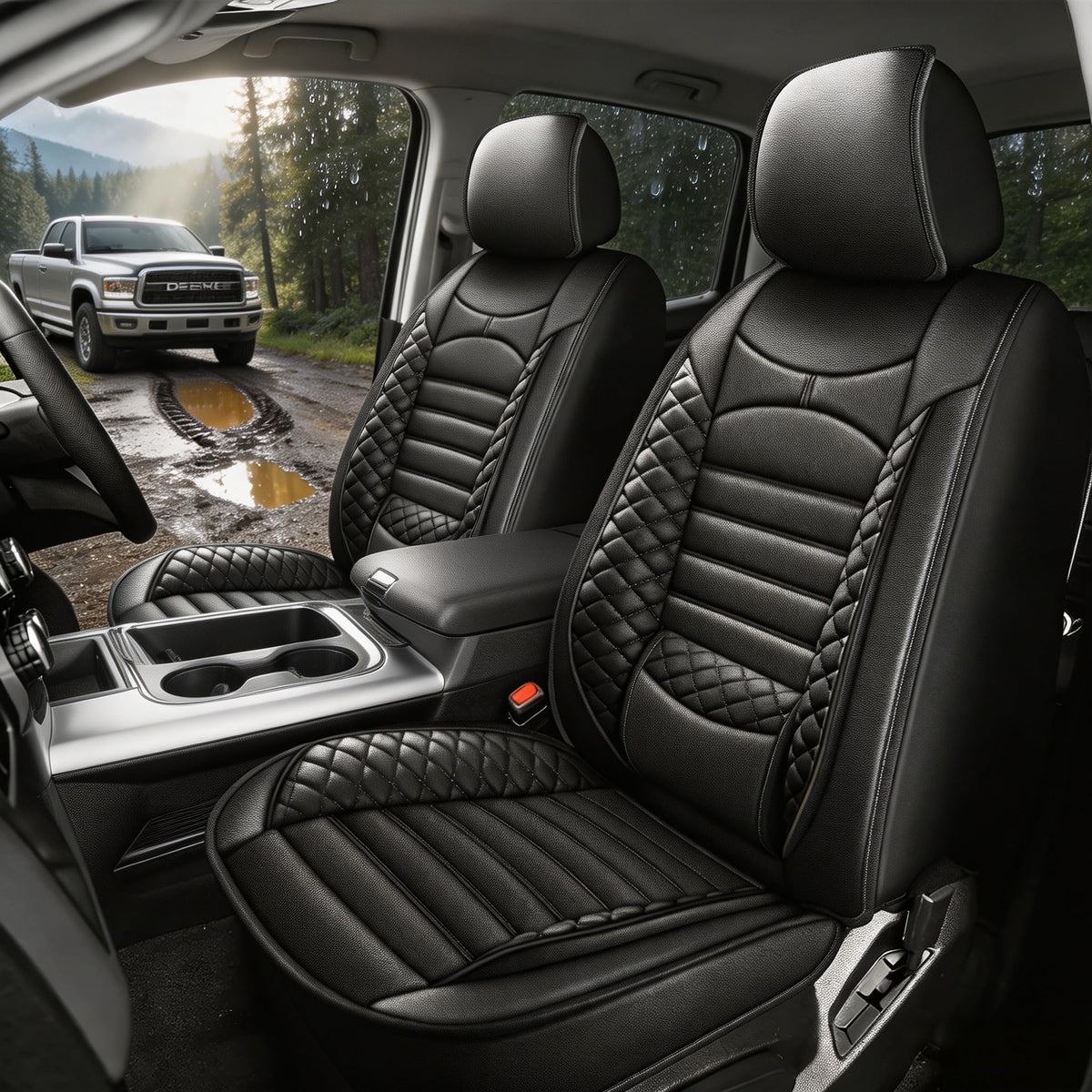 AOMSAZTO front seat cover closeup showing precise fit and improved interior protection