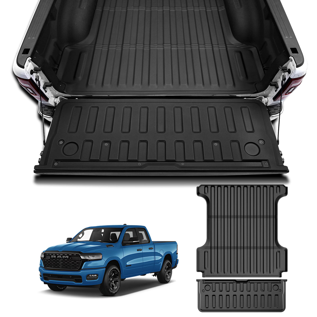AOMSAZTO front view of bed mat and tailgate liner showing full-coverage protection