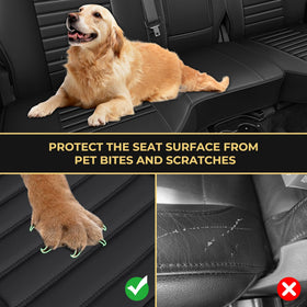 AOMSAZTO seat cover with dog on bench illustrating pet-resistant protection