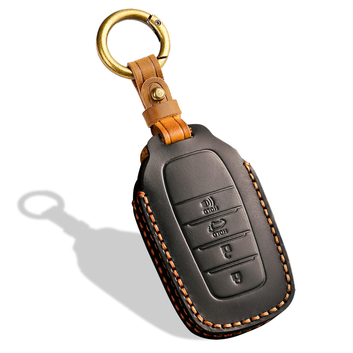 Aoocar front view of black 4-button leather key fob cover showing fit and protection