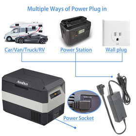 AooDen adapter plugged into portable car fridge showing convenient indoor use