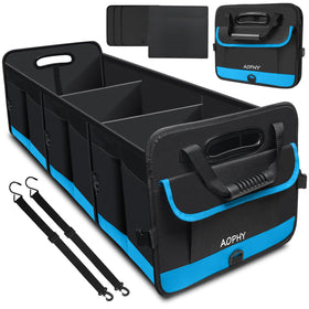 AOPHY front view of trunk organizer showing compartments and capacity benefit