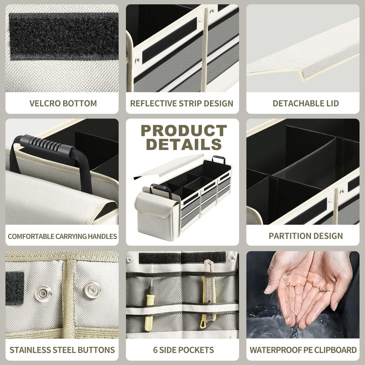 AOPHY organizer open showing adjustable compartments and mesh pockets for sorting items