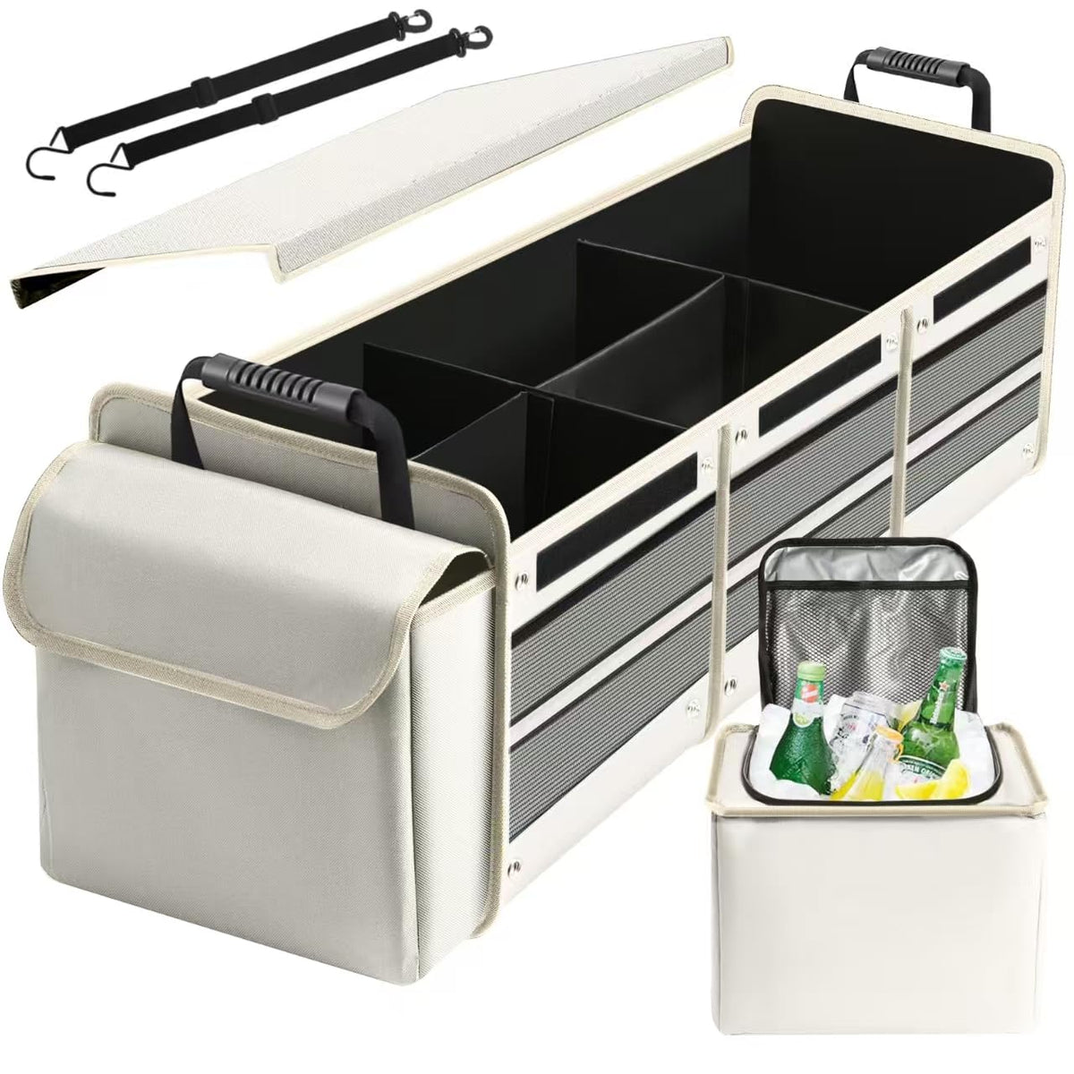 AOPHY trunk organizer front view showing roomy compartments and secure cover benefit organization
