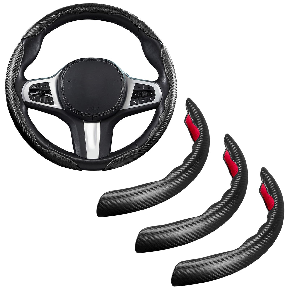 Aotoyou front view of black carbon fiber steering wheel cover showing sporty styling and protection