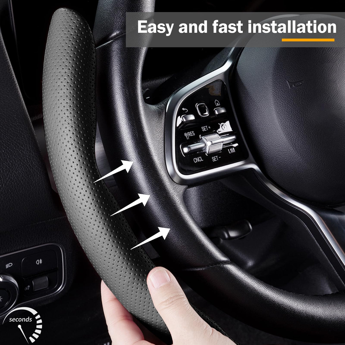 Aotoyou side profile wrapped on a steering wheel showing fuller coverage and clean fit