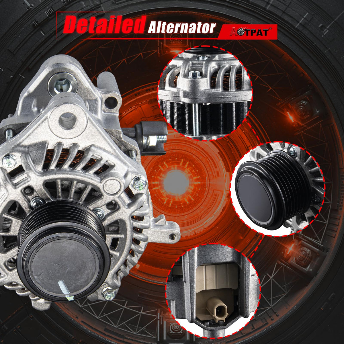 AOTPAT alternator installed in engine bay demonstrating direct-fit replacement