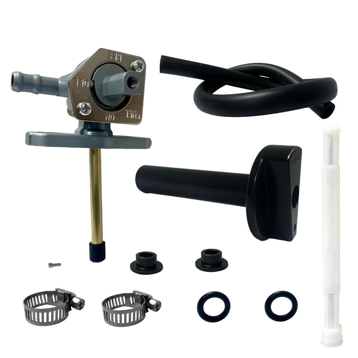 Apeixoto petcock front view showing valve and benefits of OEM fit