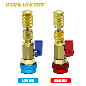 Apeixoto valve core tool attached to car AC port enabling refrigerant-safe service