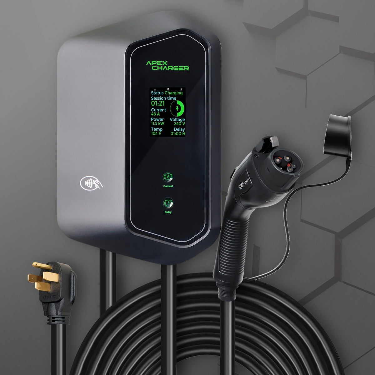 ApexCharger installed in residential driveway next to EV showing daily charging convenience