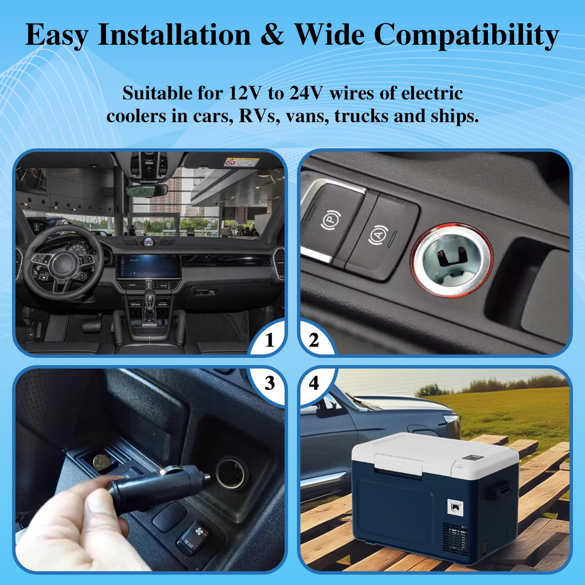 ApexscnView cable installed in car trunk powering portable fridge safely