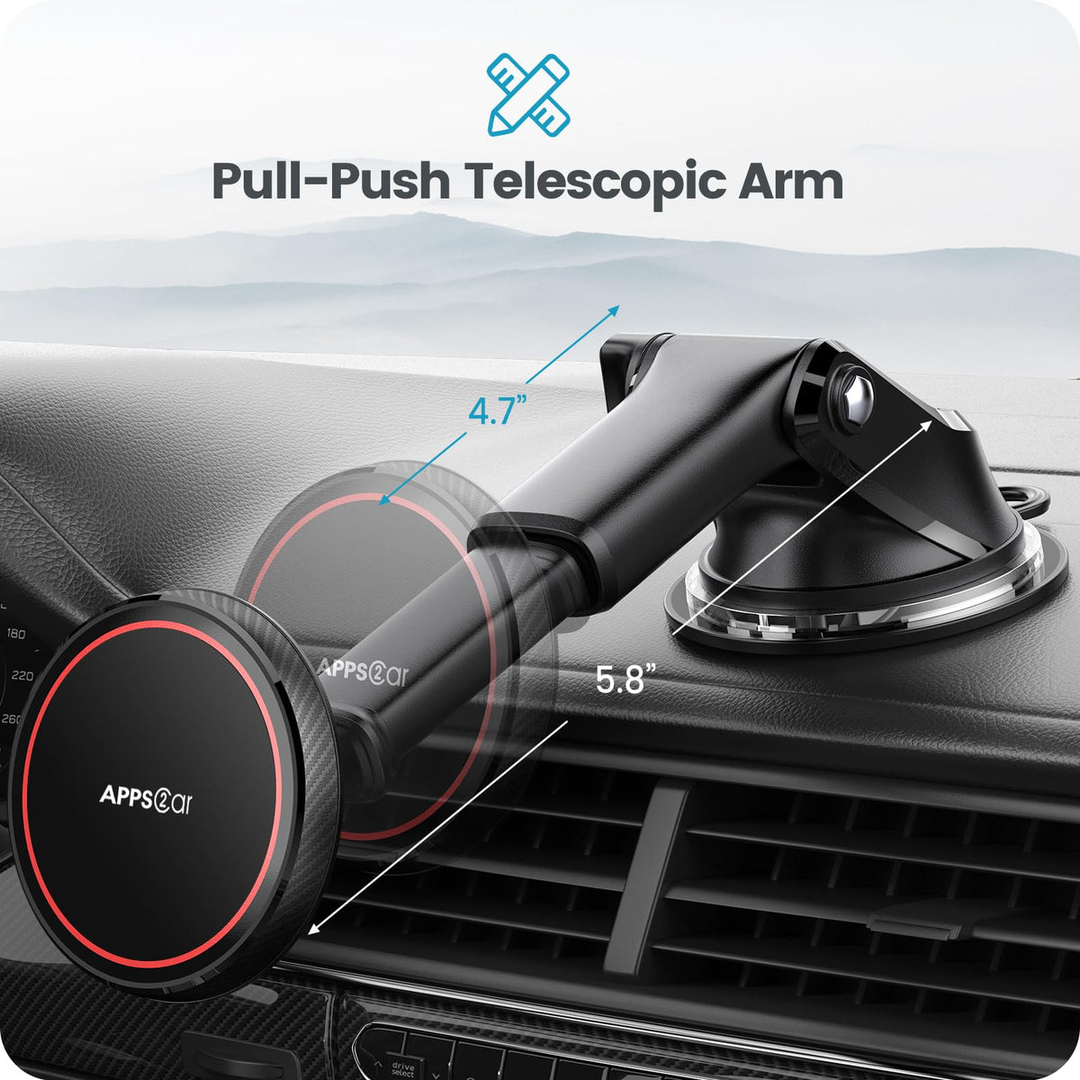 APPS2Car telescopic arm extended showing adjustable reach for optimal viewing