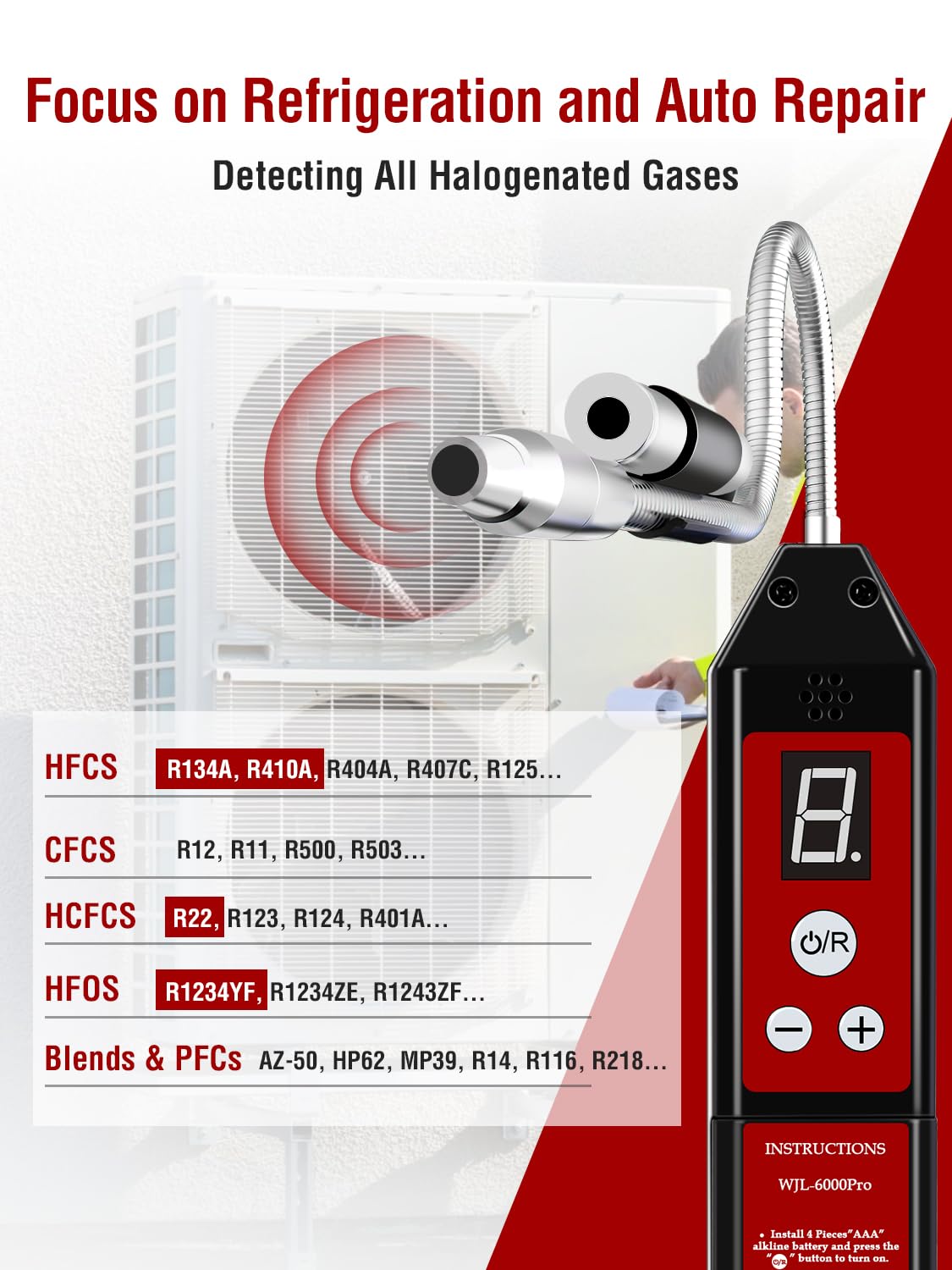 Aprvtio detector in use with audible alerts near an HVAC line pinpointing leak source