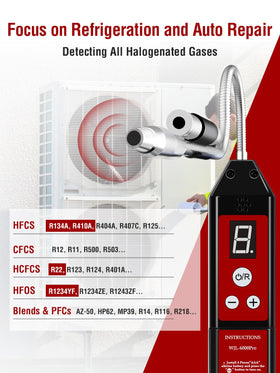 Aprvtio detector in use with audible alerts near an HVAC line pinpointing leak source