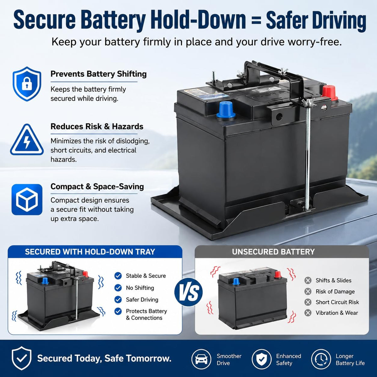 AQEENURA installed in an engine bay demonstrating stable battery retention during driving