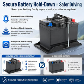 AQEENURA installed in an engine bay demonstrating stable battery retention during driving