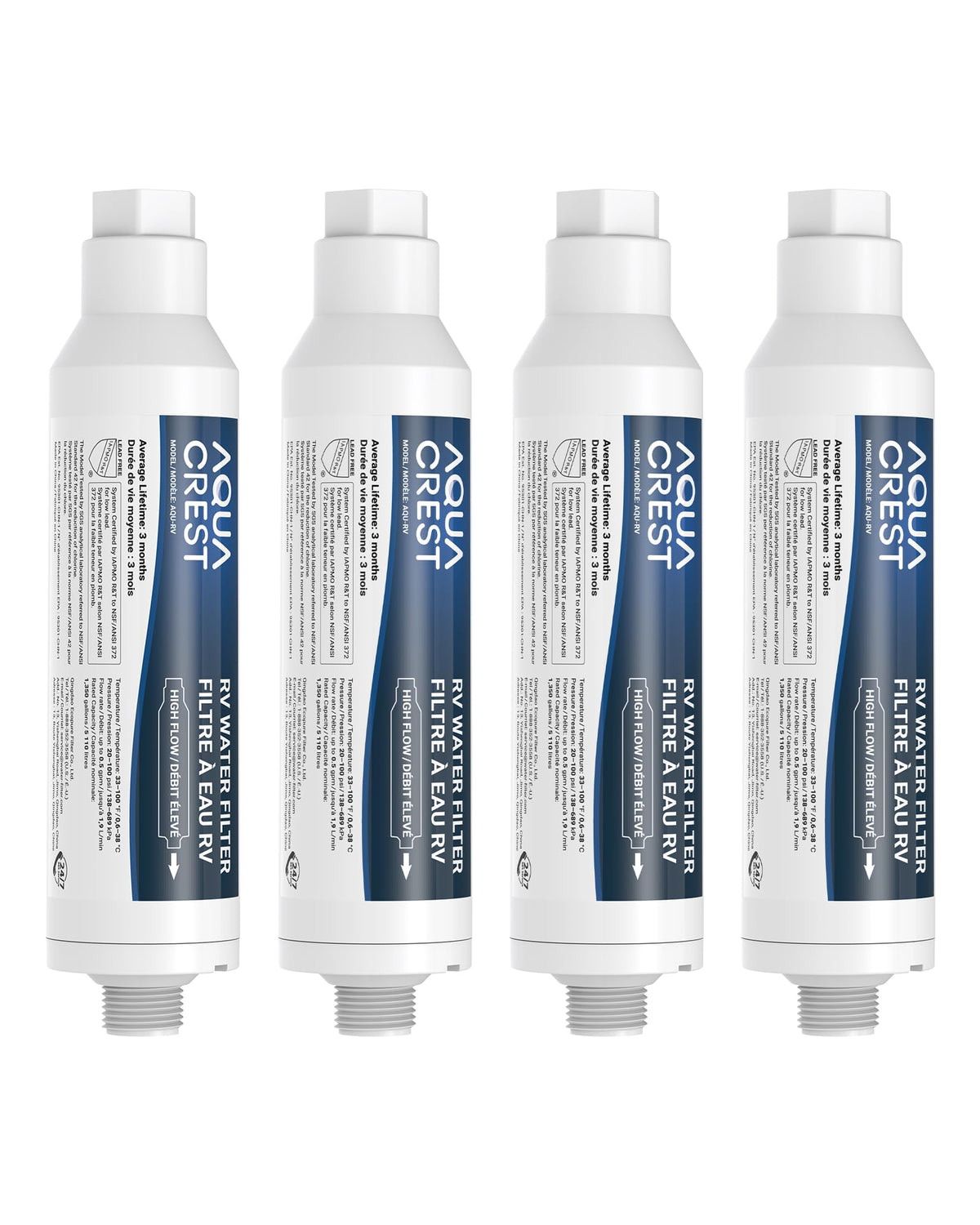 AQUA CREST front view of inline water filter showing compact design and easy hookup