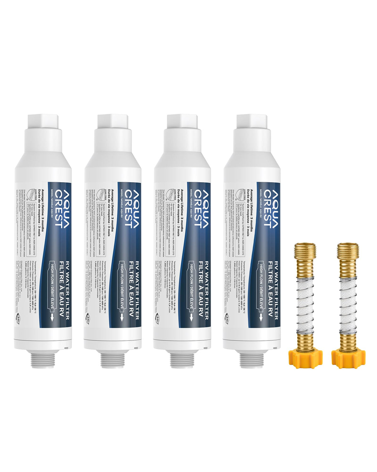 AQUA CREST front view of inline filter showing compact durable housing and quick-connect benefit