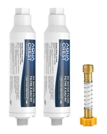 AQUA CREST front view inline filter showing compact durable housing and quick benefits