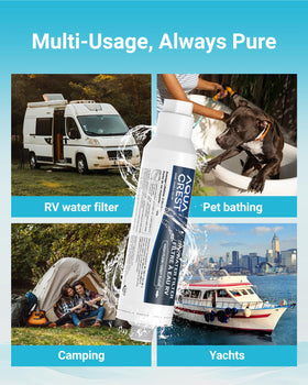 AQUA CREST box with label and certifications showing NSF certification and product information