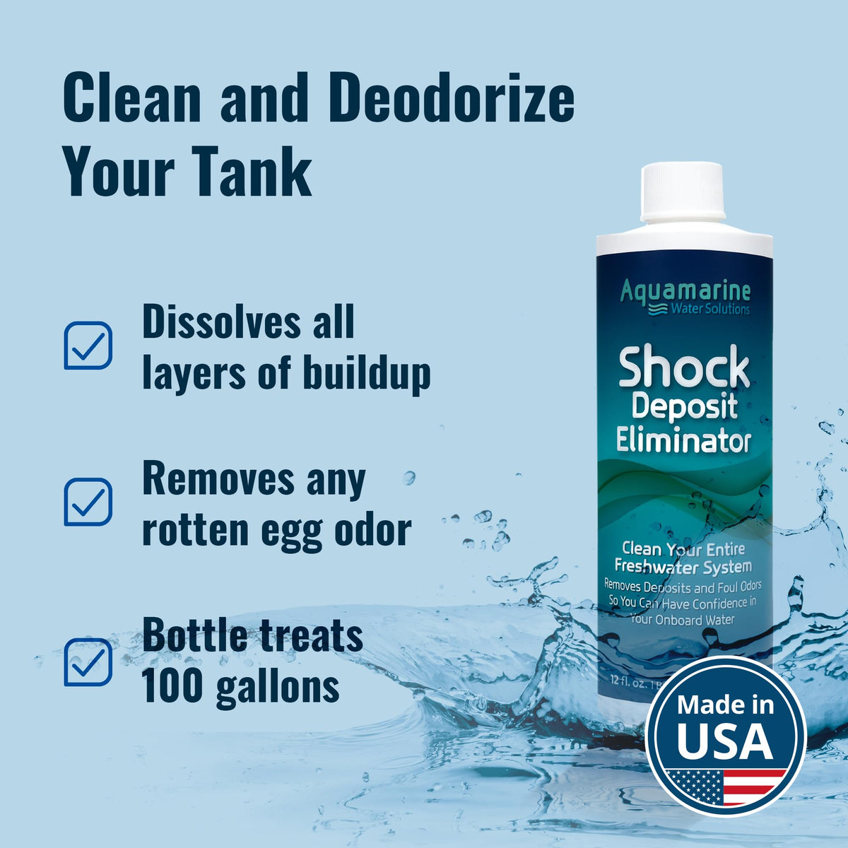 Aquamarine bottle beside open RV tank during application for easy use benefit