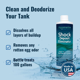 Aquamarine bottle beside open RV tank during application for easy use benefit