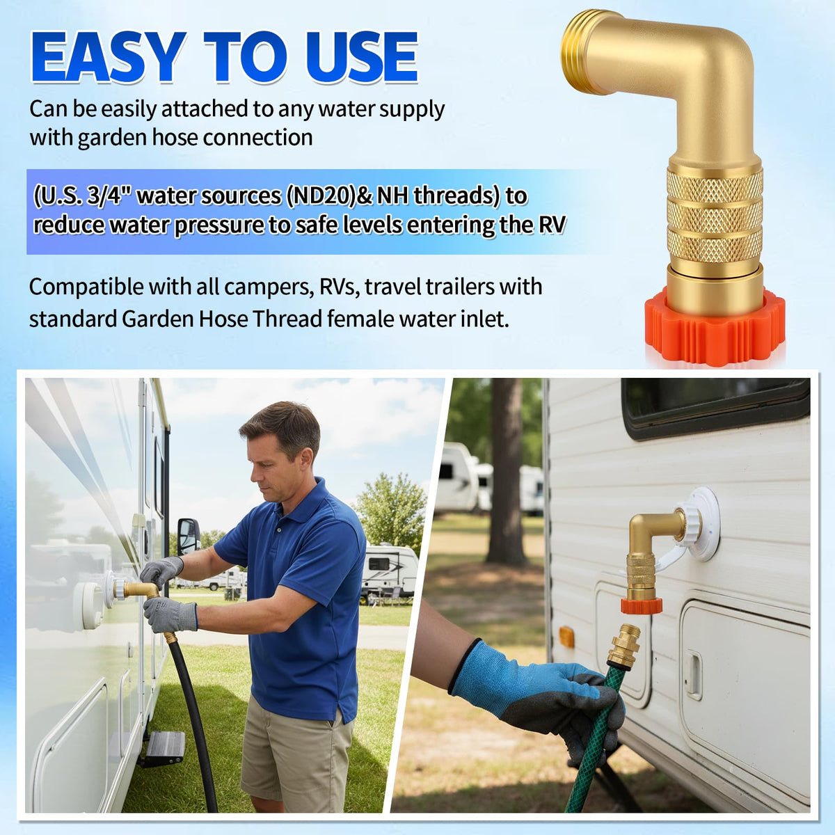 AquaNPT connected to RV at campground demonstrating safe regulated pressure